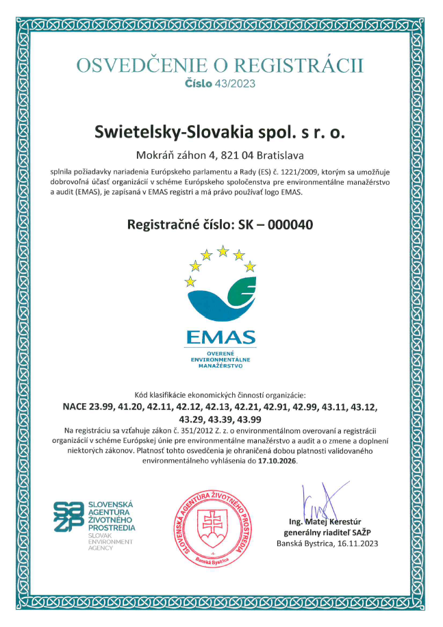 EMAS Swietelsky Osvedčenie O Registracii 16 11 2023, Str.1