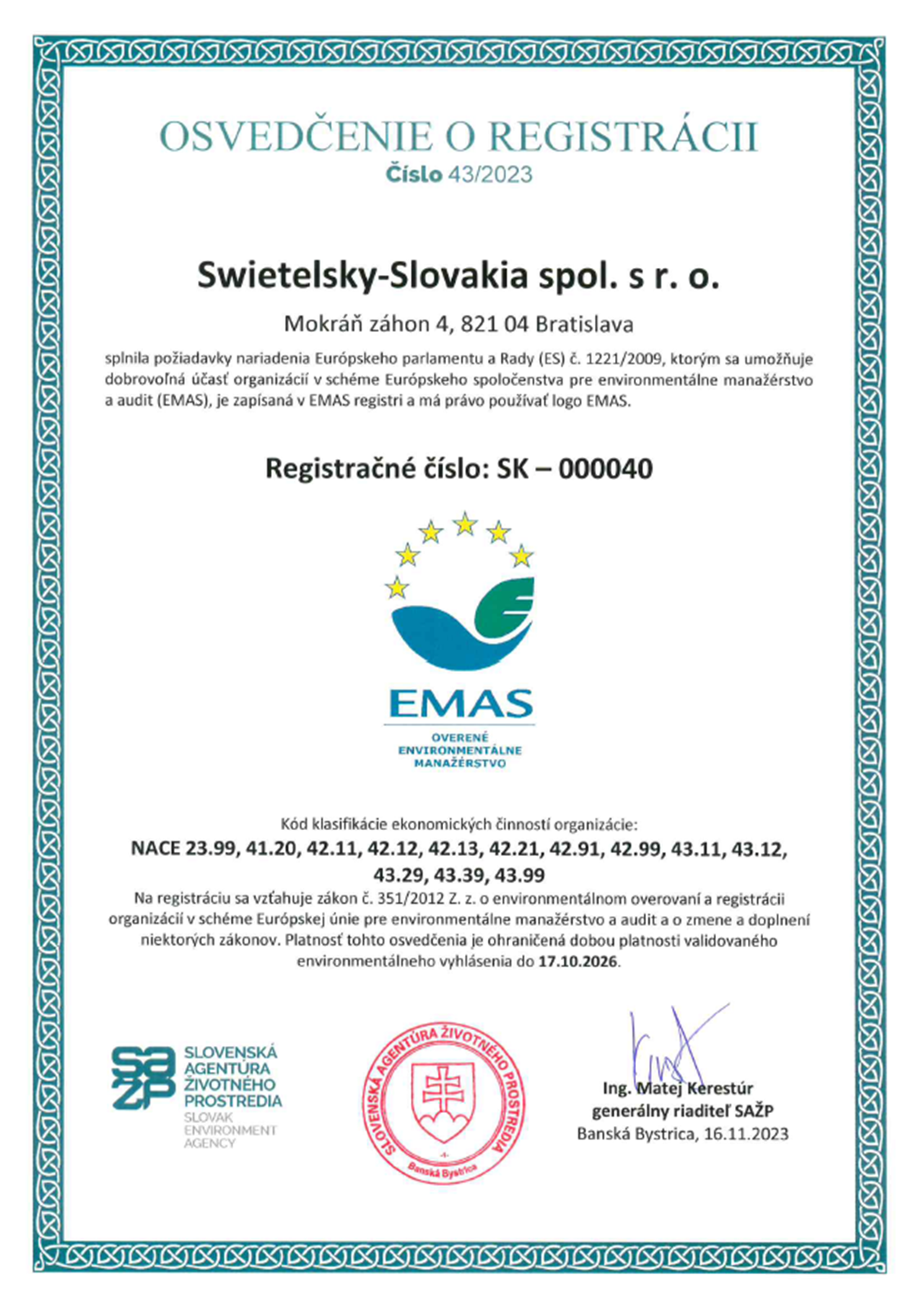 EMAS Swietelsky Osvedčenie O Registracii 16 11 2023, Str.1 EMAS Swietelsky Osvedčenie O Registracii 16 11 2023, Str.1
